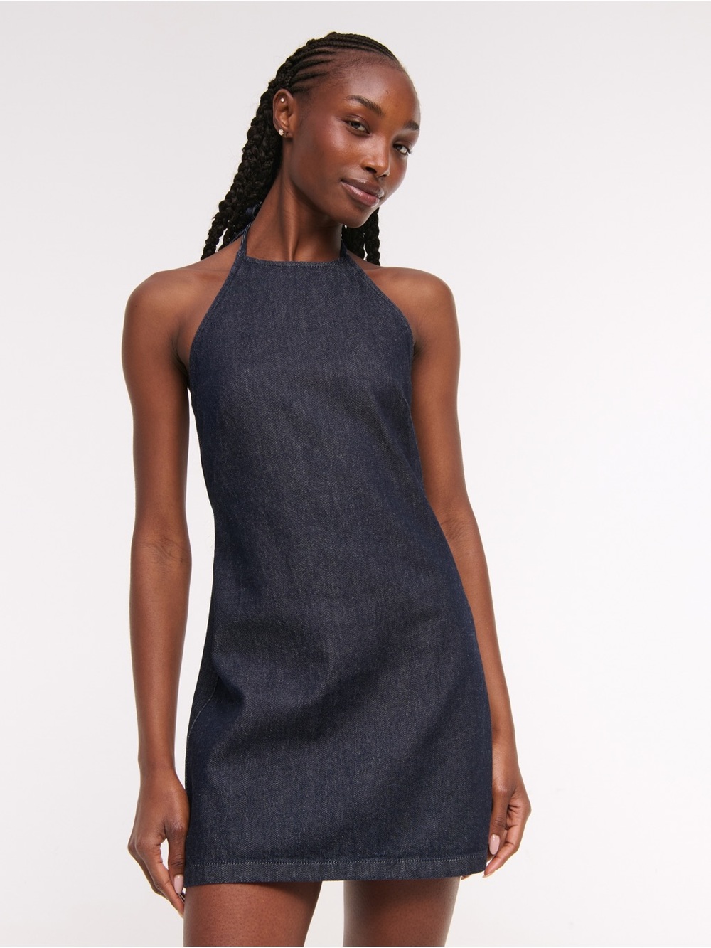 Halter Denim Mini Dress in Dark Denim